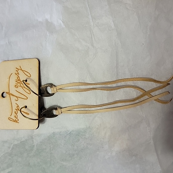 Keep It Gypsy Leather Tassels Dangle Earrings Sand Antiqued Hoops - Picture 2 of 7
